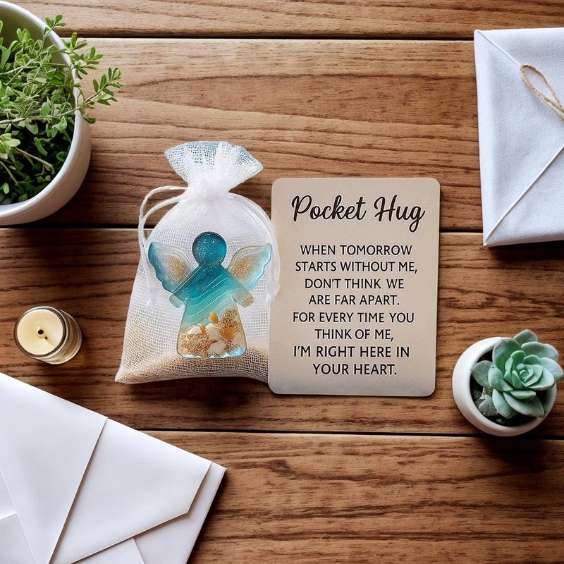 Angel Pocket Hug in Memory of The Dead, Handmade  Soothing Shells Ocean and Sand Desig Pocket Hug Token with Card&White Mesh Bags, Resin Angel Keepsake Sympathy Gift - Image 4